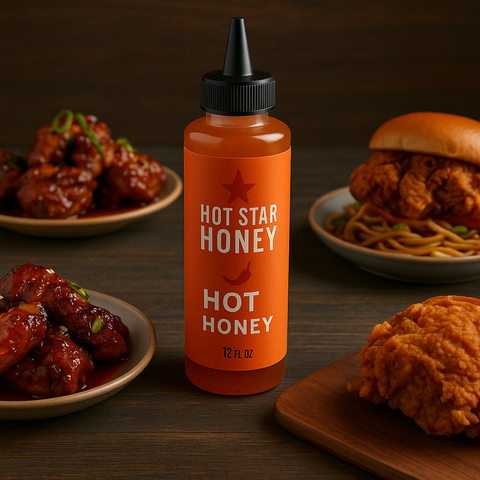 Honey Honey Sauce bottle next to spicy food ideal with hot homey sauce
