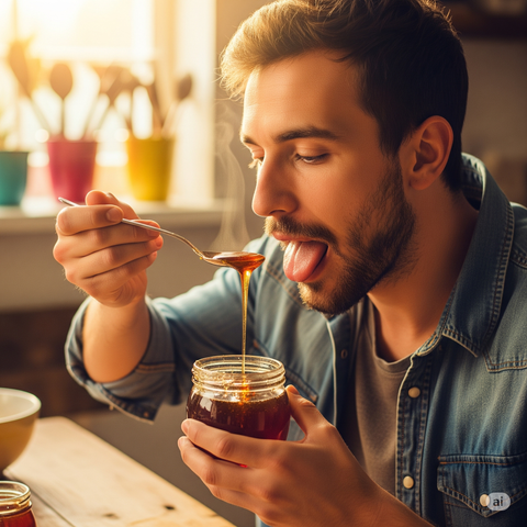 Why Hot Honey is the Ultimate Flavour Booster - man tasting hot honey from a jar