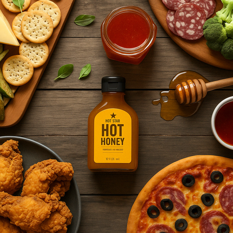 Hot Honey Sauce bottle next to pizza and hot chicken