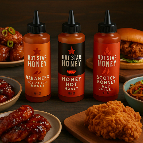 3 hot Honey Sauce bottles around spicy food chicken and burgers