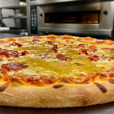Honey Honey Chilli Sauce covering a hot pizza