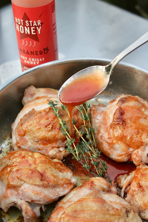 Habanero Hot Honey used as a glaze over chicken